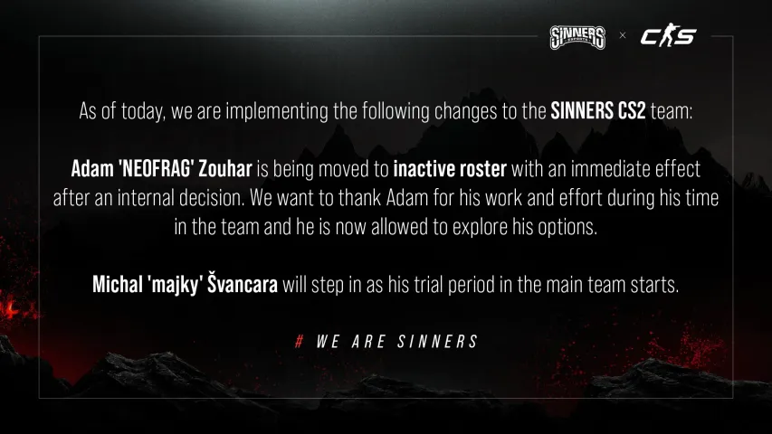 Sinners changed team roster